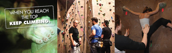 Climbers being instructed and woman bouldering, text over images "When you reach the top, keep climbing"