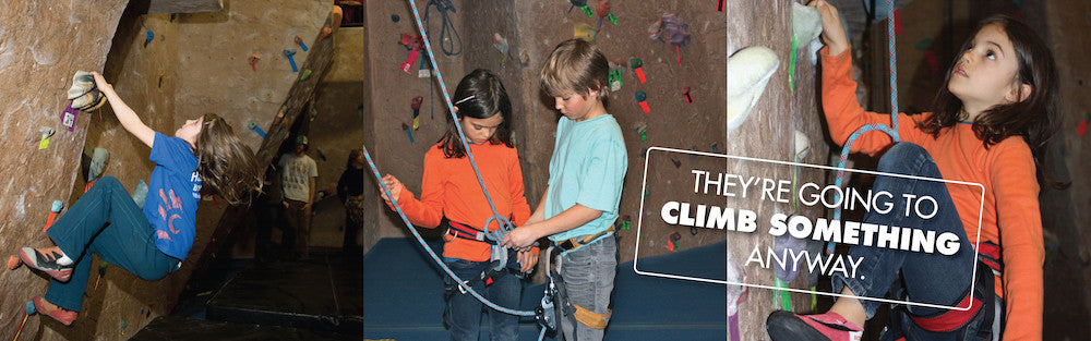 Kids bouldering and rope climbing with text over the images "they're going to climb something anyway"