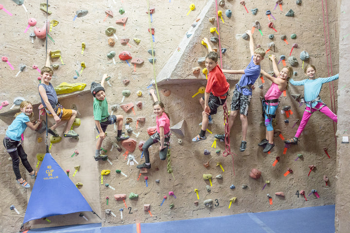 Group of kids in harnesses posing for the camera on the rope climbing wall